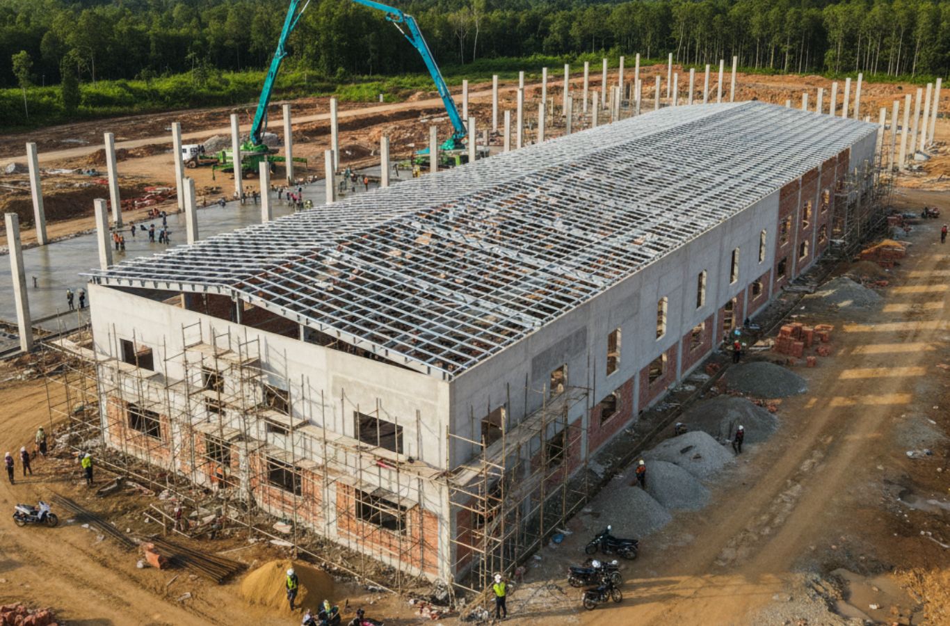 Nhà xưởng nhỏ bê tông cốt thép đang trong quá trình xây dựng