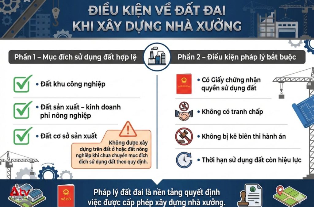 Điều kiện xây dựng nhà xưởng 2026 về đất đai