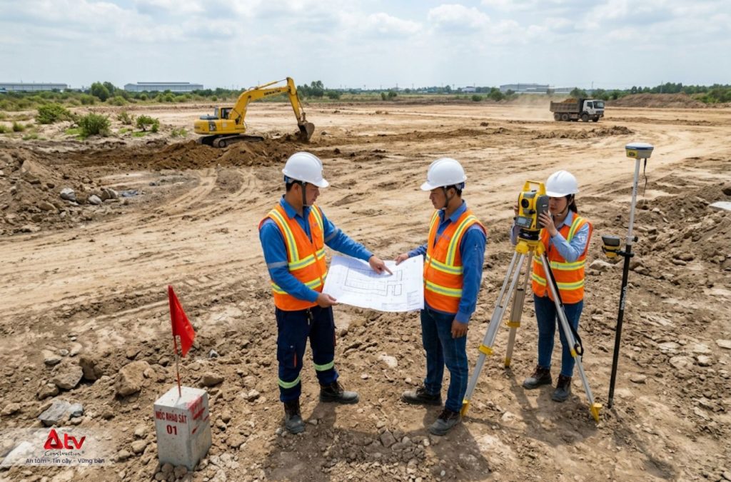 Kỹ sư đang tiến hành khảo sát hiện trạng khu đất nhằm chuẩn bị cho bản vẽ thiết kế