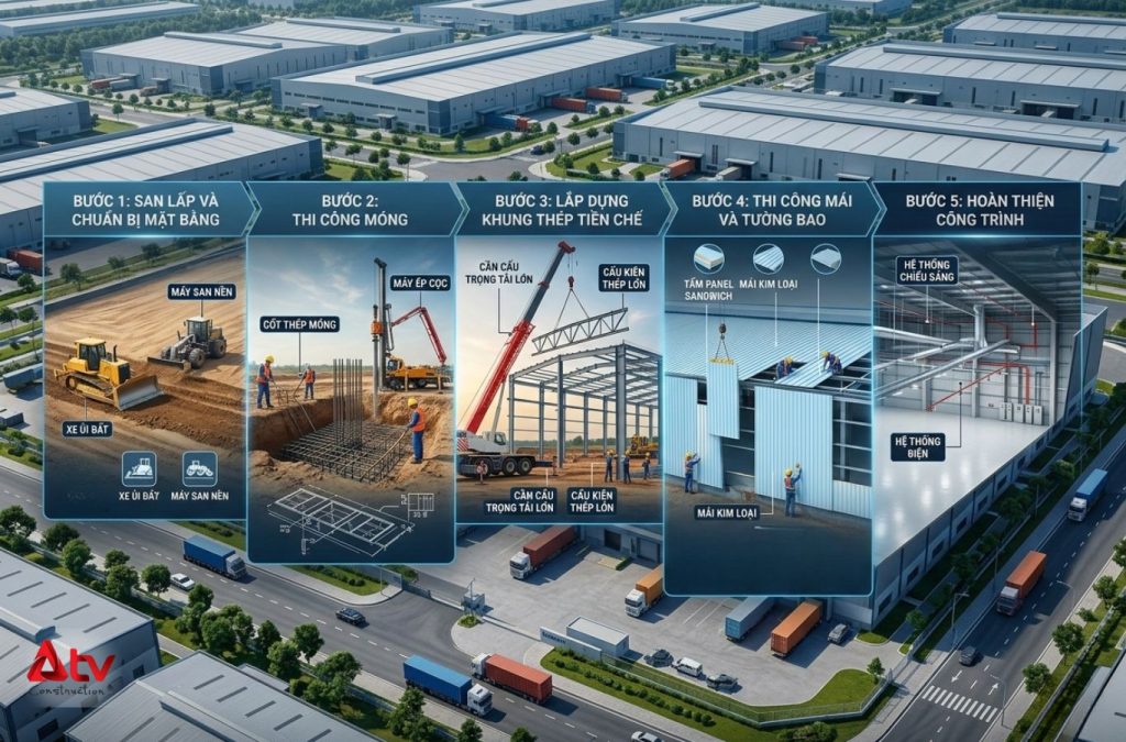Tóm tắt quy trình xây dựng nhà xưởng KCN Long Hậu của ATV Construction