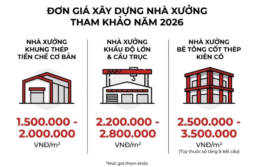 Đơn giá xây dựng nhà xưởng tham khảo năm 2026